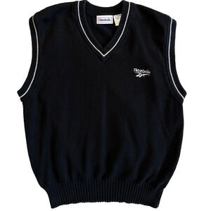 Vintage Reebok Mens Sweater Vest Black V-Neck Cotton Knit Size M Hong Kong Y2K